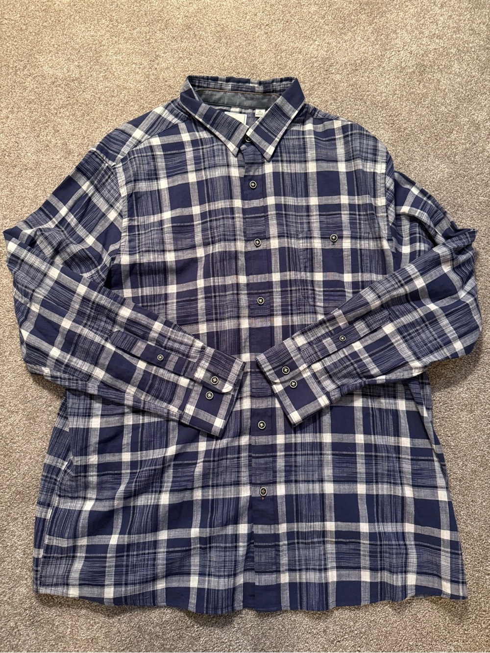 Men's Navy and White Plaid Button-Down Shirt